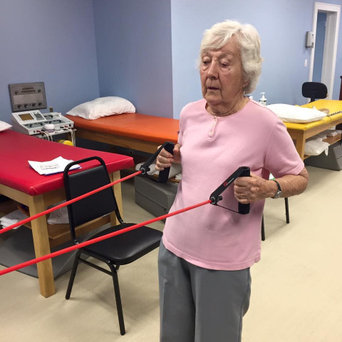 Women using resistance band